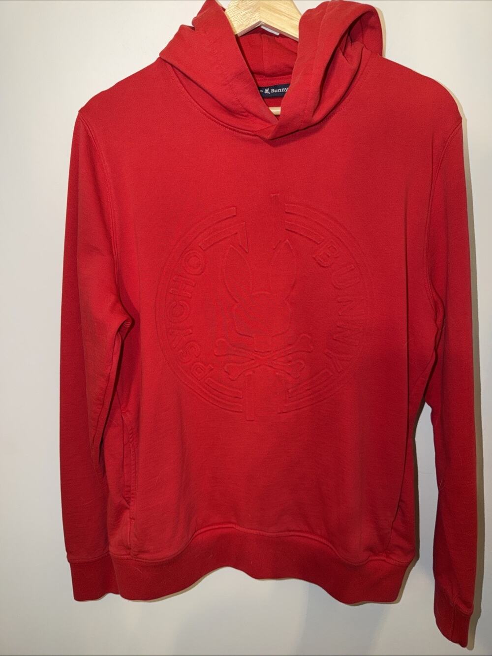 Psycho Bunny Men's Pop Over Pullover Red Embossed Hoodie Sweater Size Small